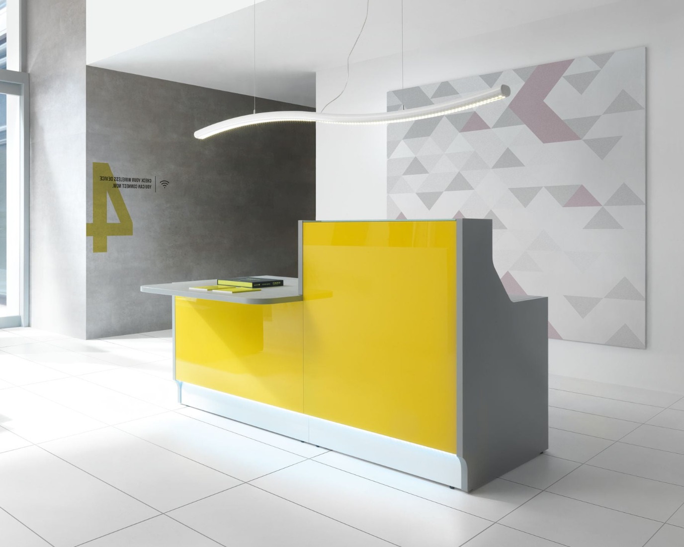 Linea 81" Medium Reception Desk With Right Counter Top in Yellow Glass