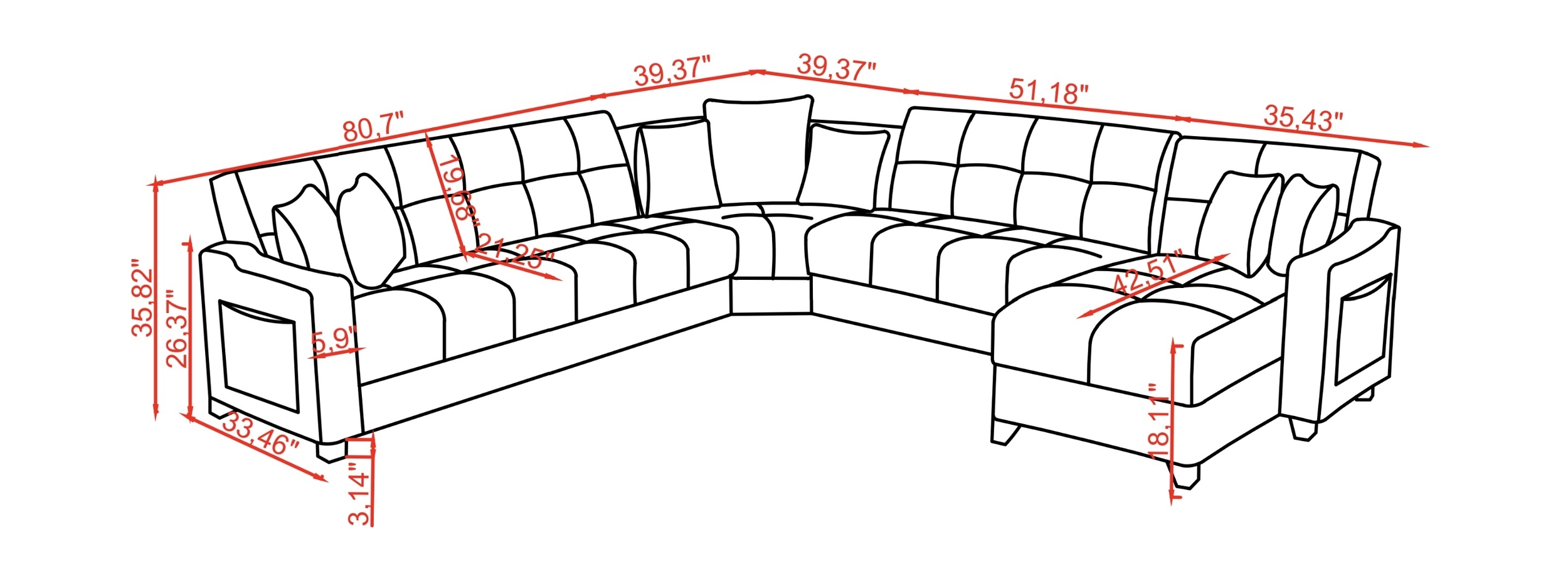 SM Lindsey Fabric/PU L-Shape Sectional Sofa Sleeper with Chaise and Storage