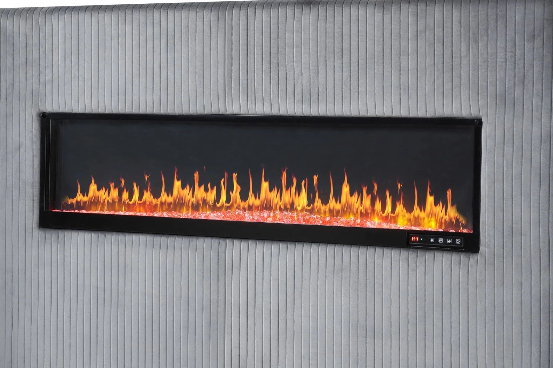 Lizelle Velvet Bed with Electric Fireplace, USB Ports & Bluetooth Speakers