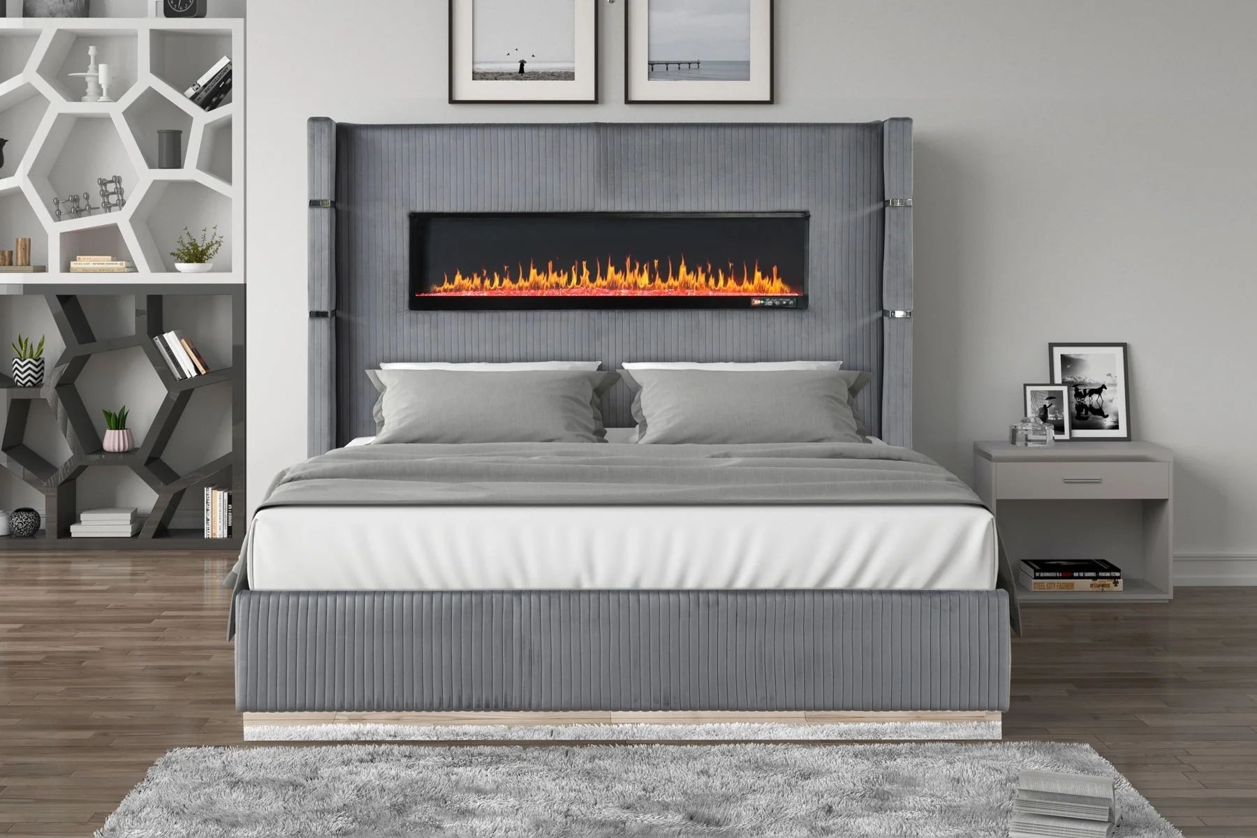 Lizelle Velvet Bed with Electric Fireplace, USB Ports & Bluetooth Speakers
