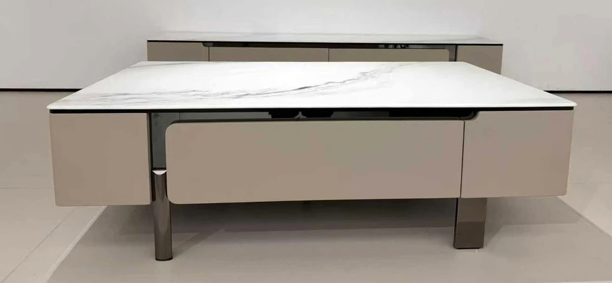 Lotus Rectangular Porcelain Top Storage Coffee Table with 4 Soft Close Drawers