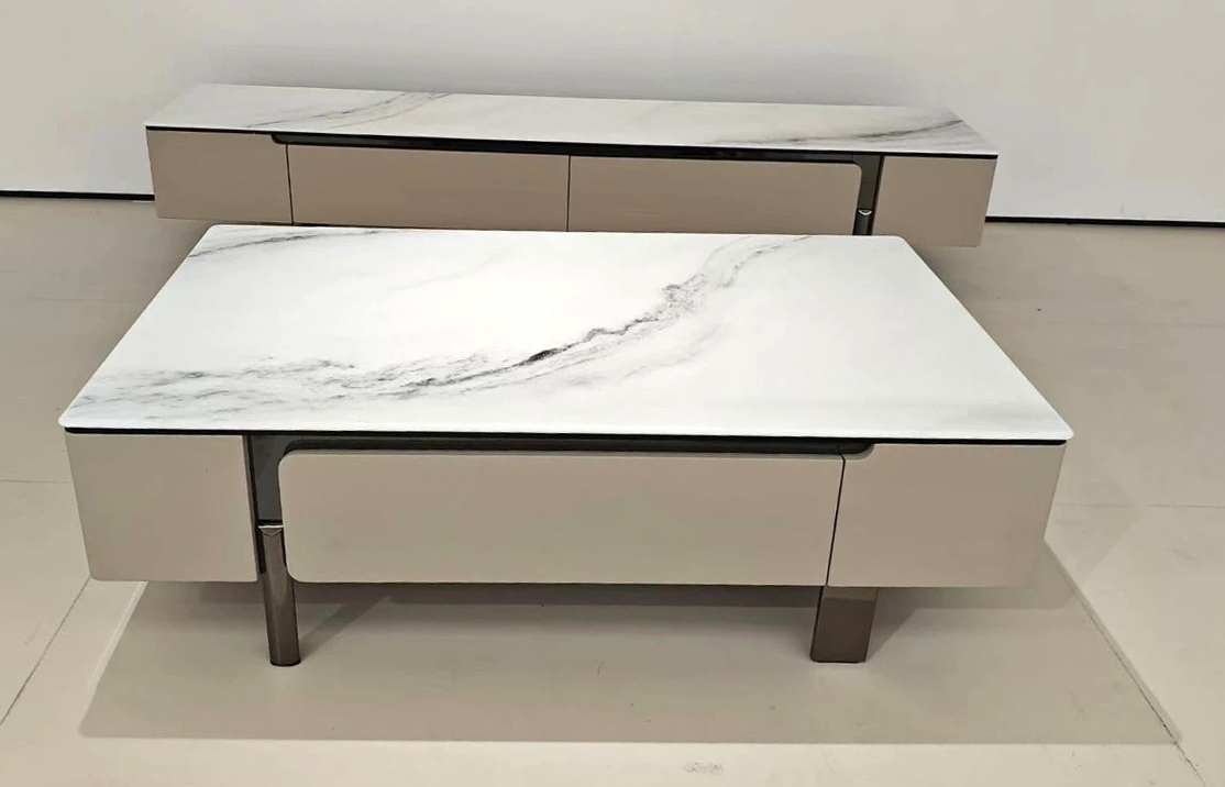 Lotus Rectangular Porcelain Top Storage Coffee Table with 4 Soft Close Drawers