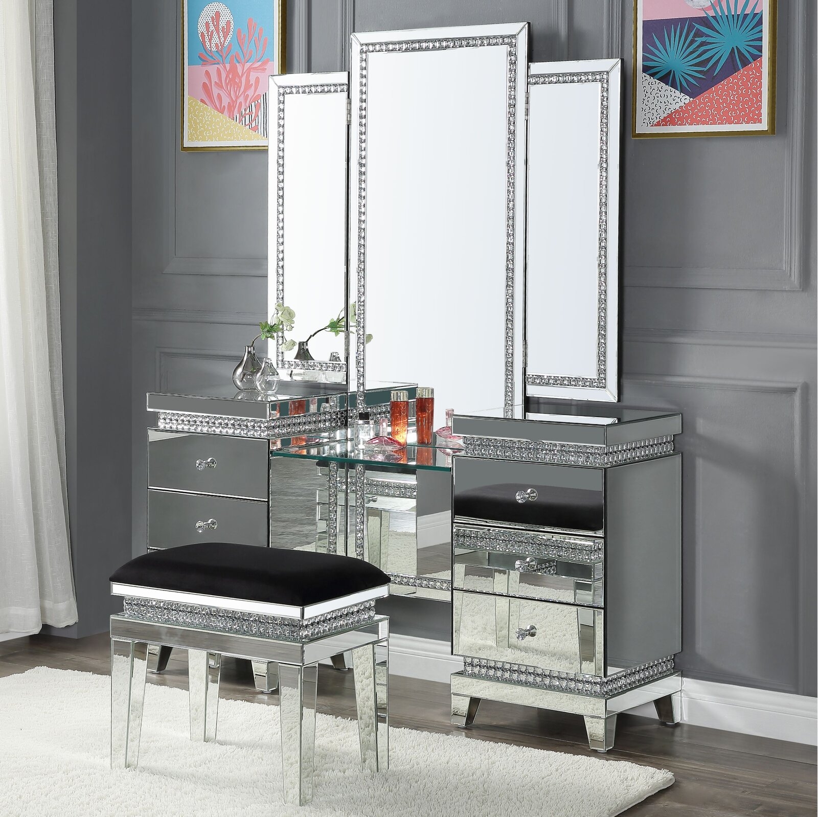 Lotus 90805 Mirrored/Faux Crystals Vanity Desk