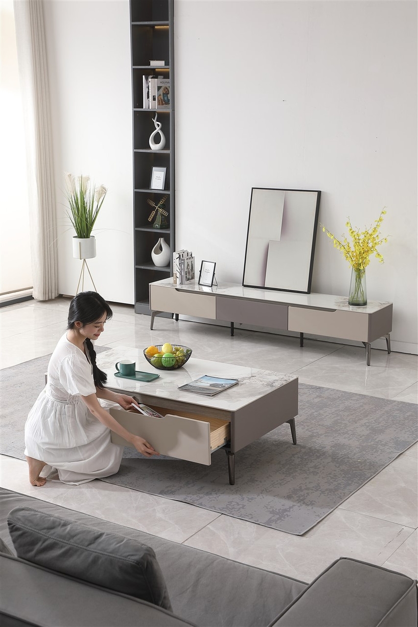 Luna Storage TV Stand with Marble Style Porcelain Top
