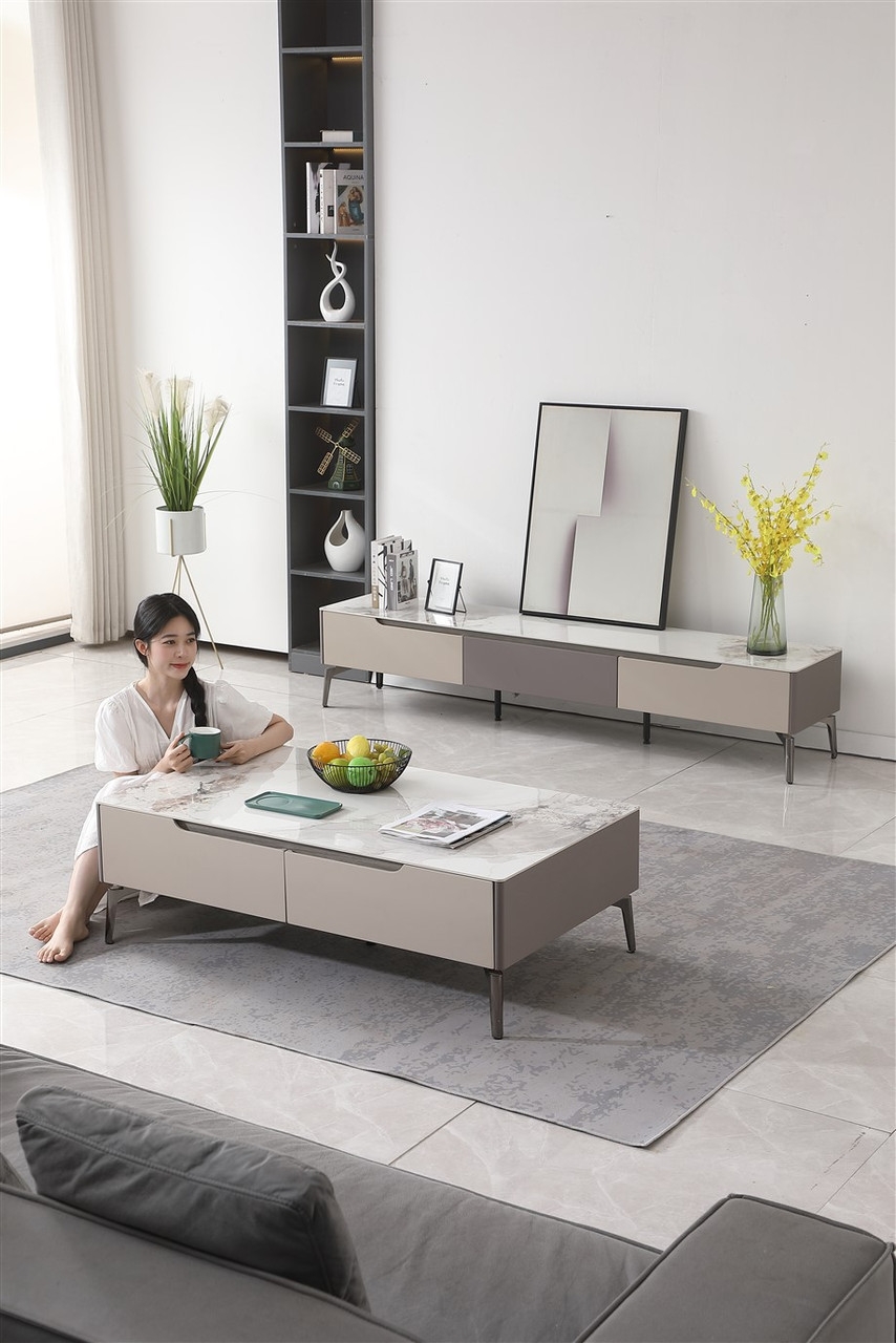 Luna Storage TV Stand with Marble Style Porcelain Top