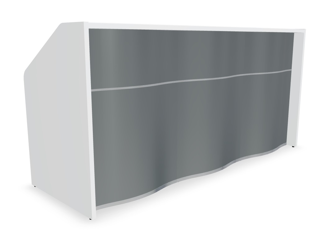 wave straight reception desk with white counter top and silver front