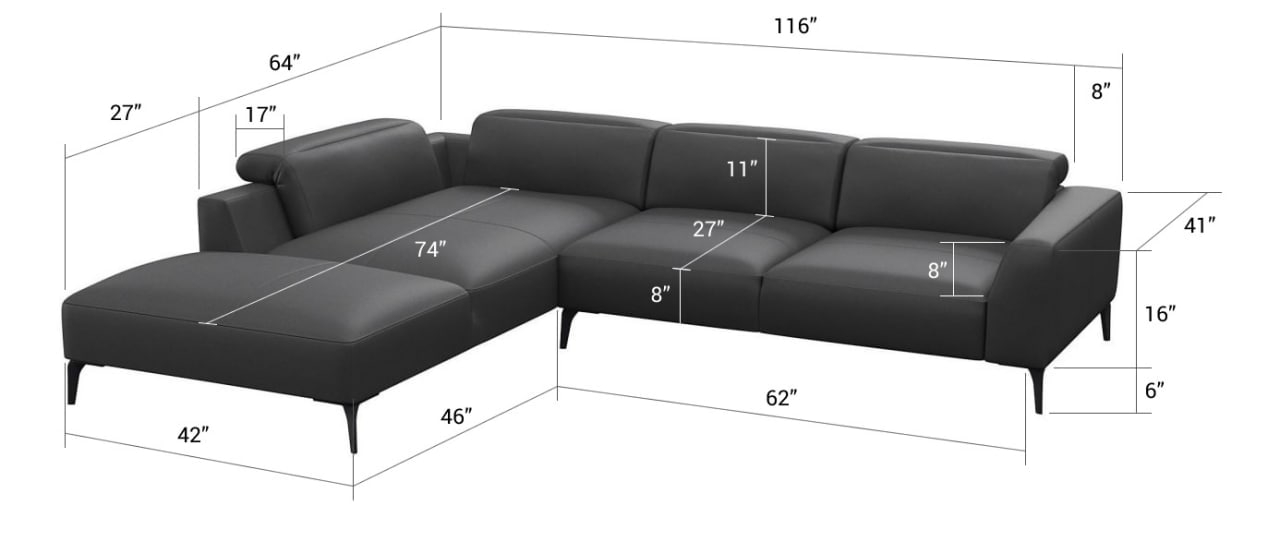Luzzi 116" Premium Italian Leather Right Arm Chaise Sectional