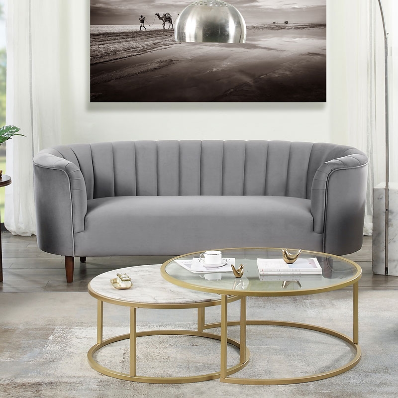 Sofa And Loveseat Grey Velvet, Channeled Tufting