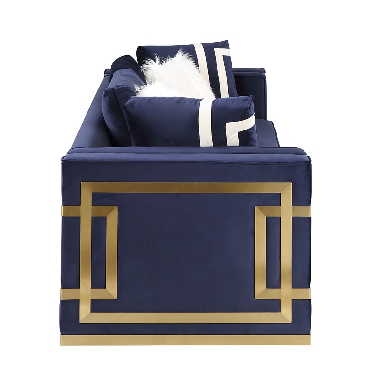 ACME Virrux Sofa w/6 Pillows, Blue Velvet & Gold Finish