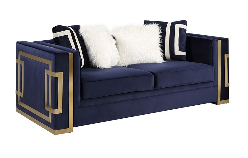  Design Navy Blue Velvet Loveseat With Gold Trim White Faux Fur Pillows
