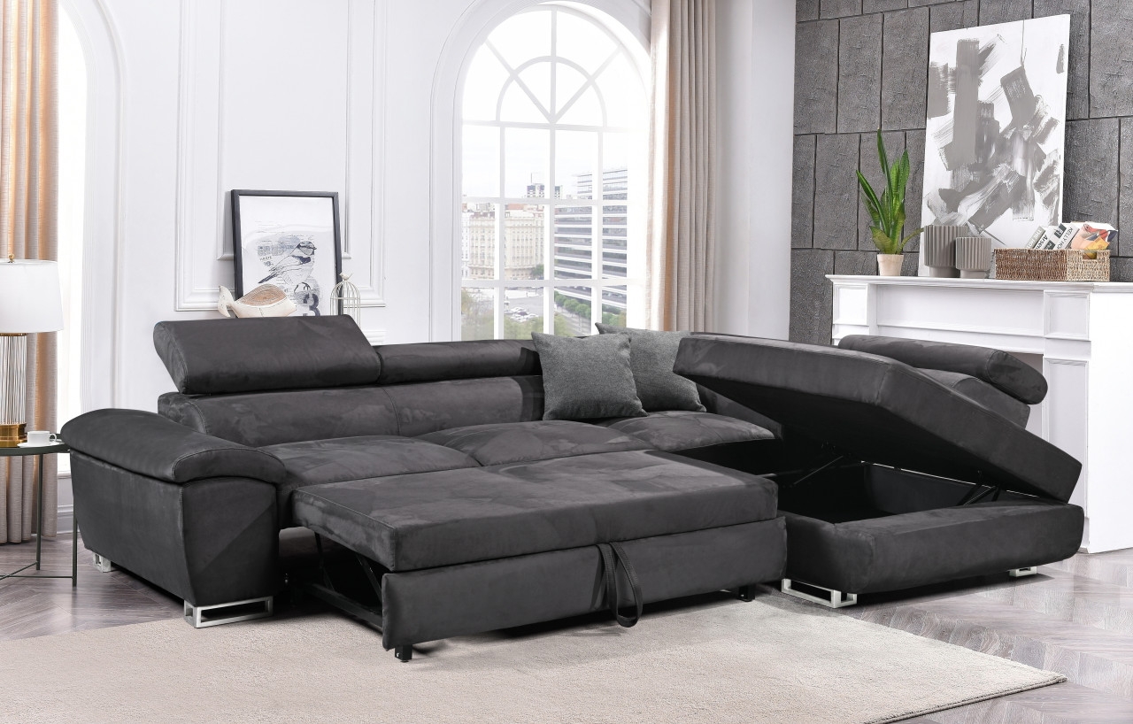 Madrid L-Shaped Microfiber Fabric Sectional Sleeper Sofa w/Storage Corner Chaise