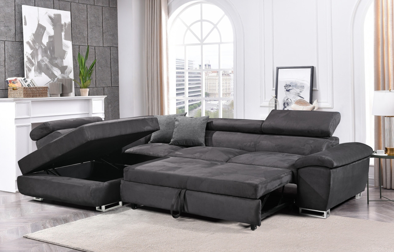 Madrid L-Shaped Microfiber Sleeper Sectional Sofa w/Left Storage Corner Chaise