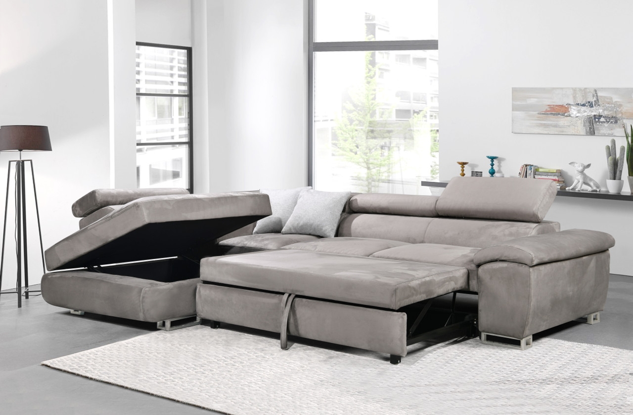 Madrid L-Shaped Microfiber Fabric Sectional Sleeper Sofa w/Storage Corner Chaise