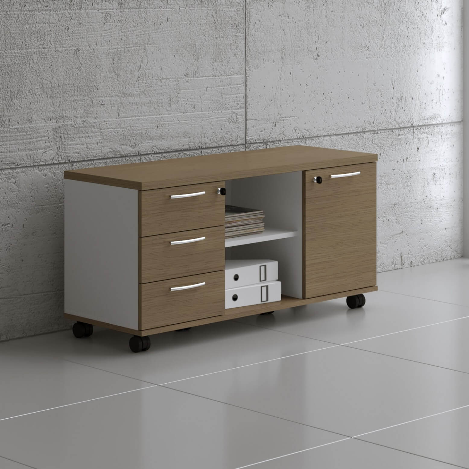 Standard Office Managerial Cabinet w/3 Drawers, 2 Open Shelves & Door