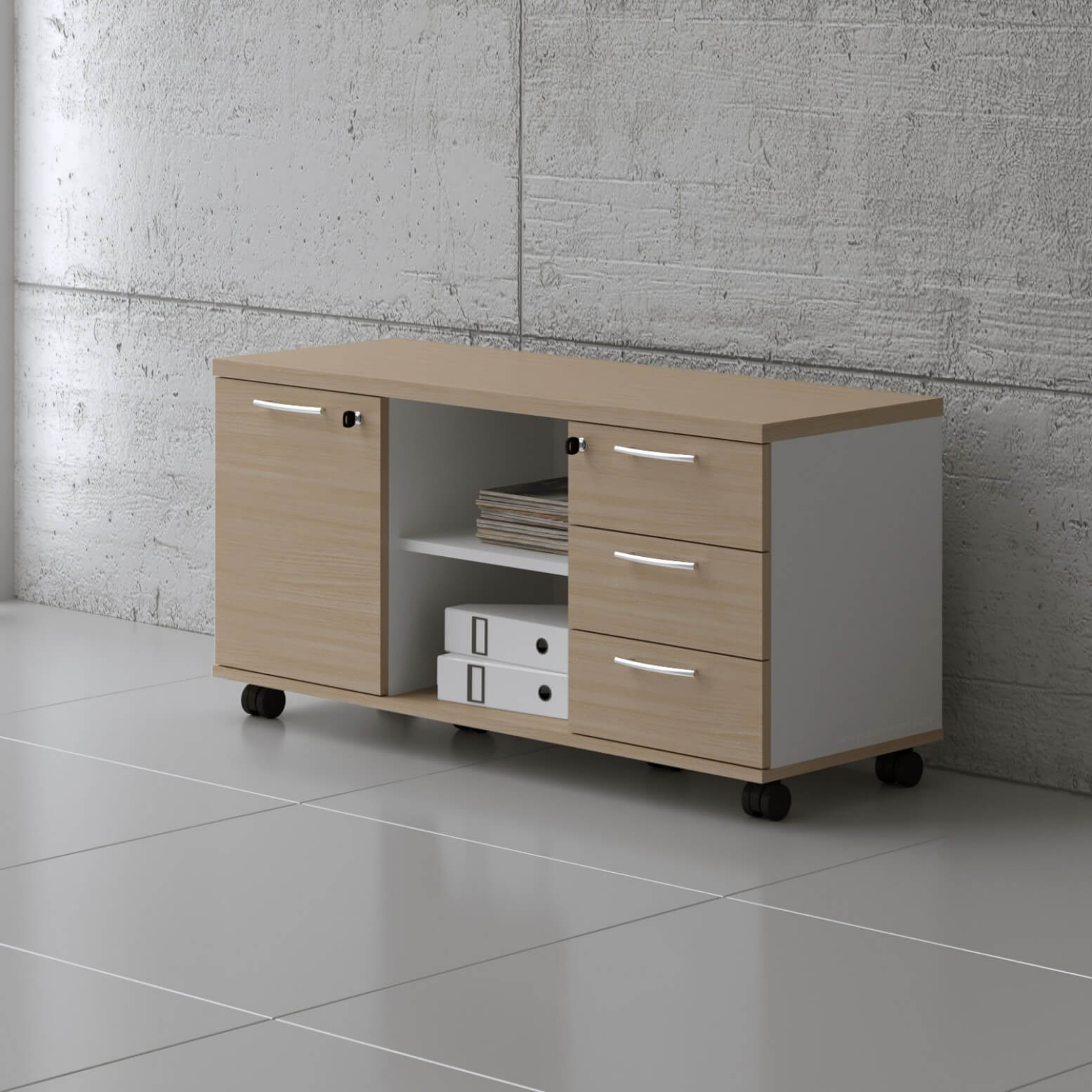 Standard Office Managerial Cabinet w/Door, 2 Open Shelves & 3 Drawers