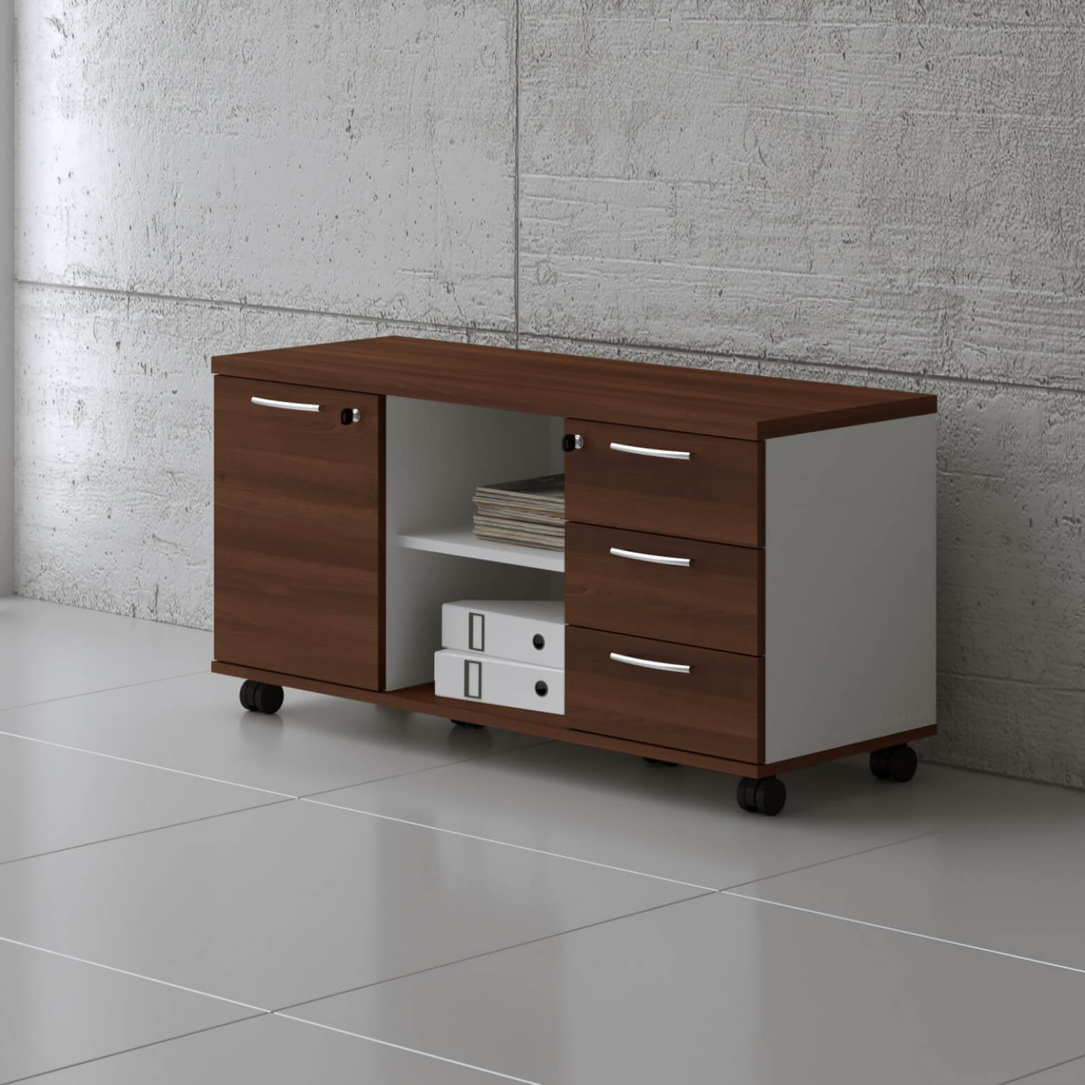 Standard Office Managerial Cabinet w/Door, 2 Open Shelves & 3 Drawers