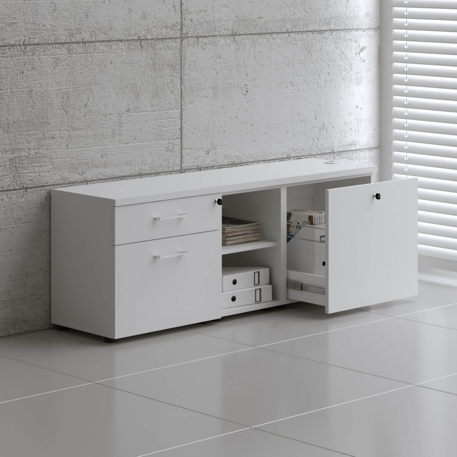 Standard Office Managerial Cabinet w/3 Drawers, 2 Open Shelves & Grommet