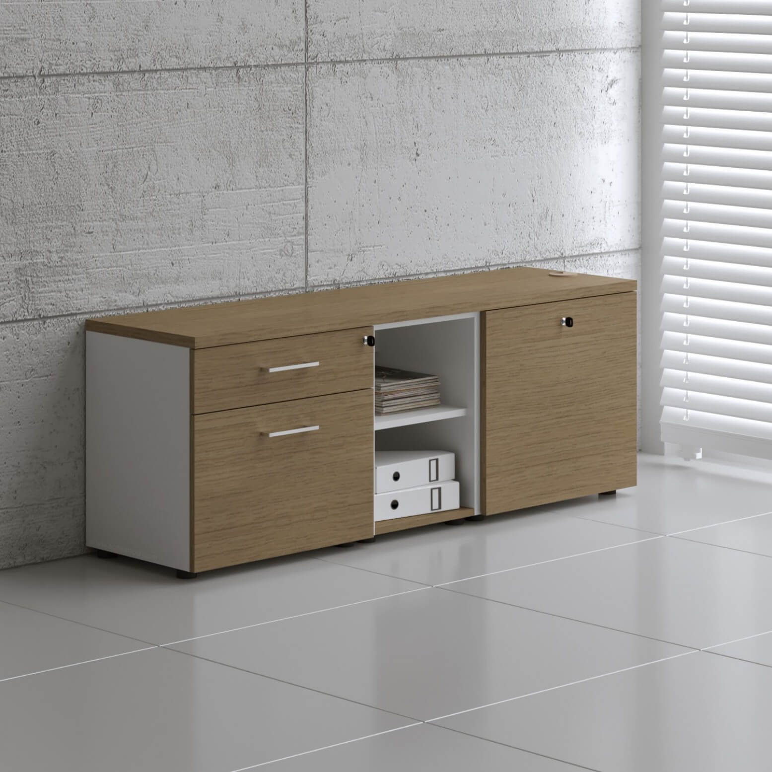 Standard Office Managerial Cabinet w/3 Drawers, 2 Open Shelves & Grommet
