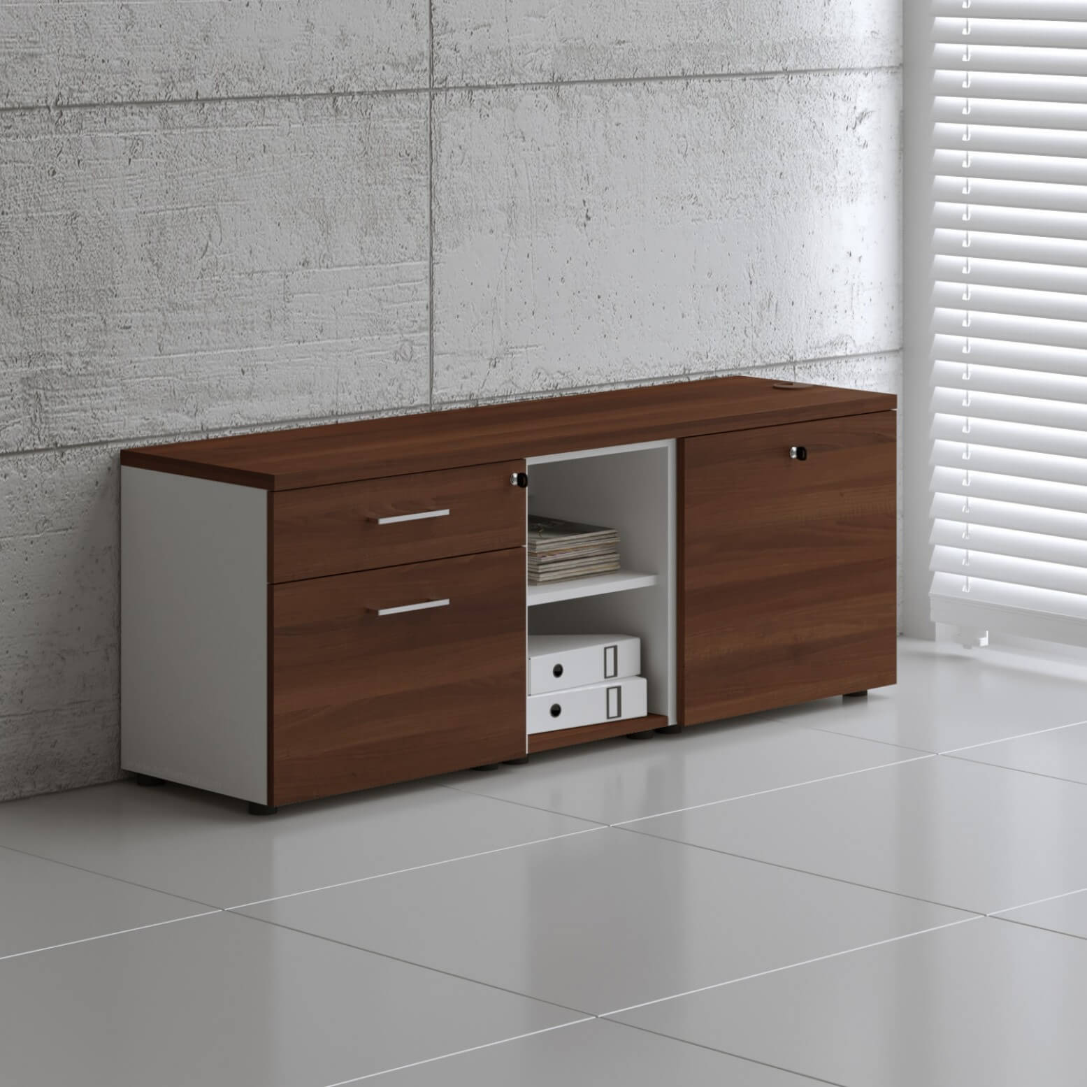 Standard Office Managerial Cabinet w/3 Drawers, 2 Open Shelves & Grommet