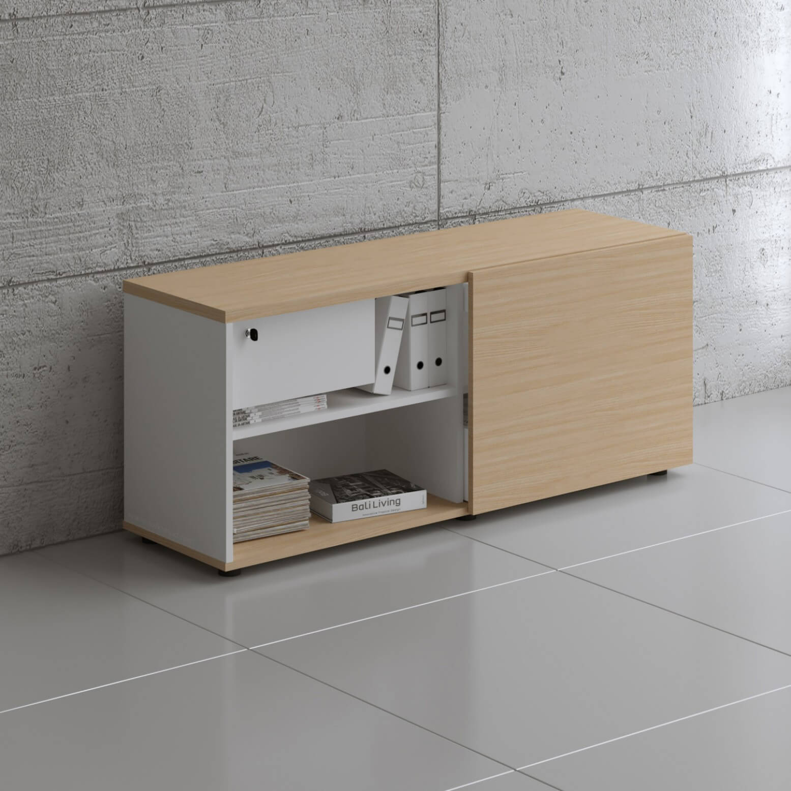 Standard Office Managerial Cabinet w/Drawer, 2 Open Shelves & Sliding Door