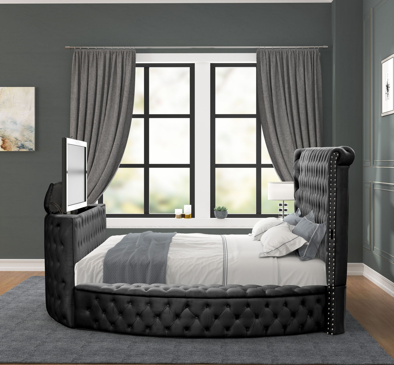 Maya Velvet Upholstered Queen Size Bed with TV Stand