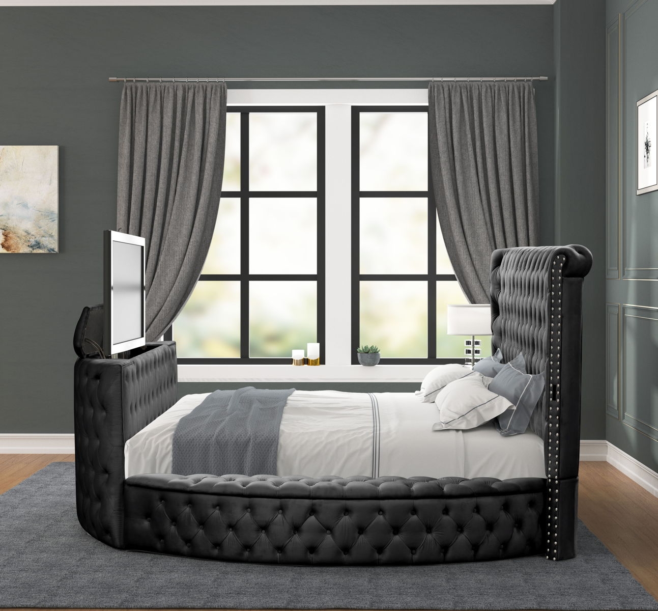 Maya Velvet Upholstered Bed with TV Stand