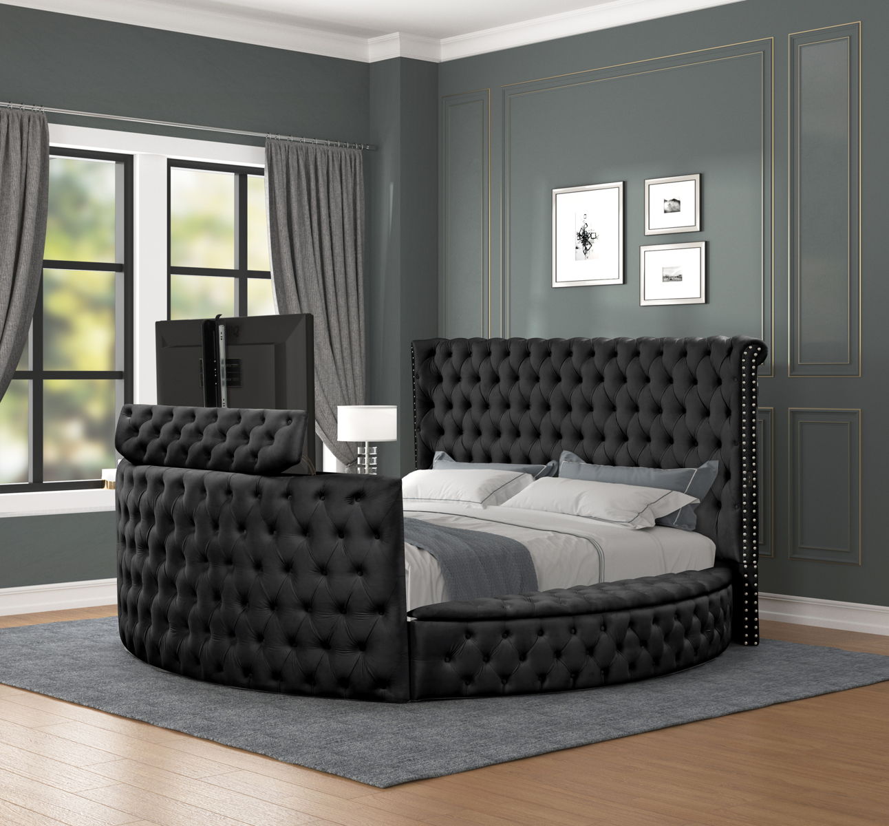 Maya Velvet Upholstered King Size Bed with TV Stand