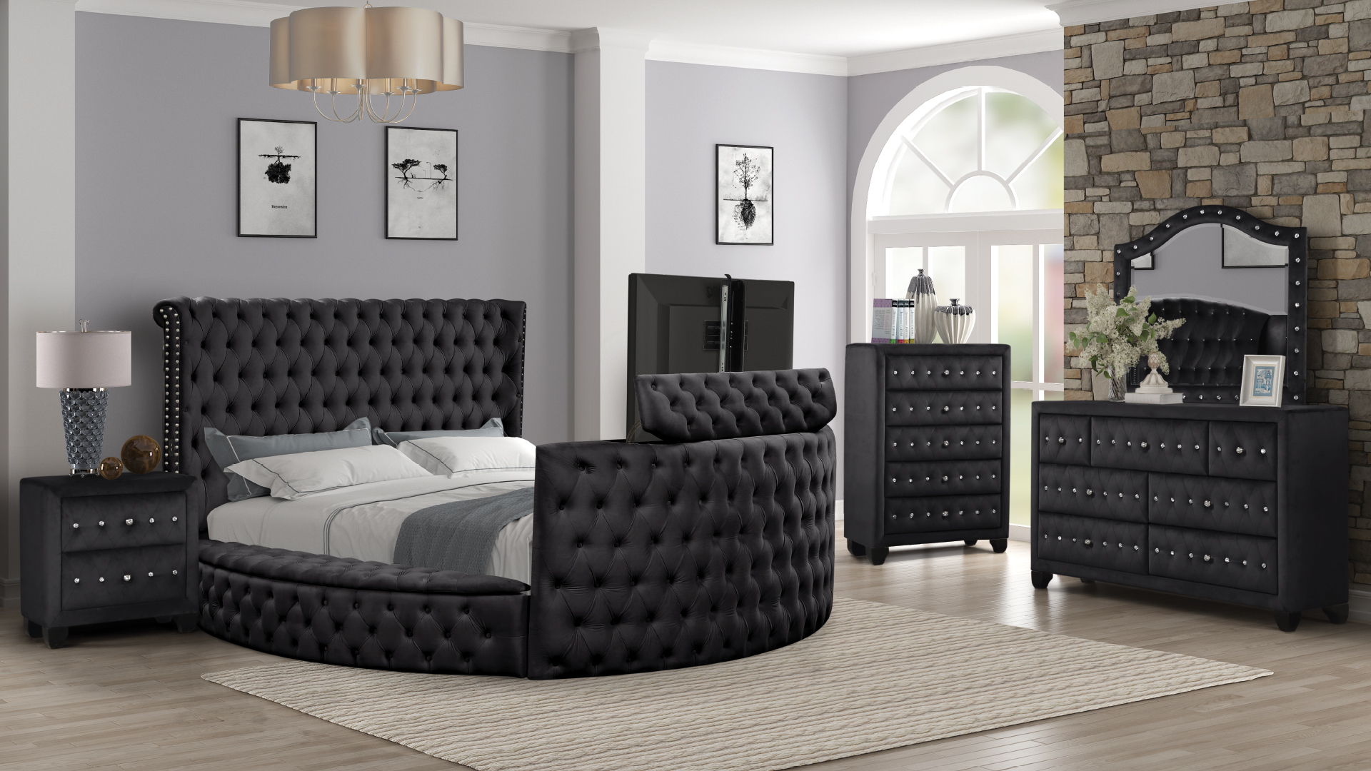 Maya Velvet Upholstered Queen Size Bed with TV Stand