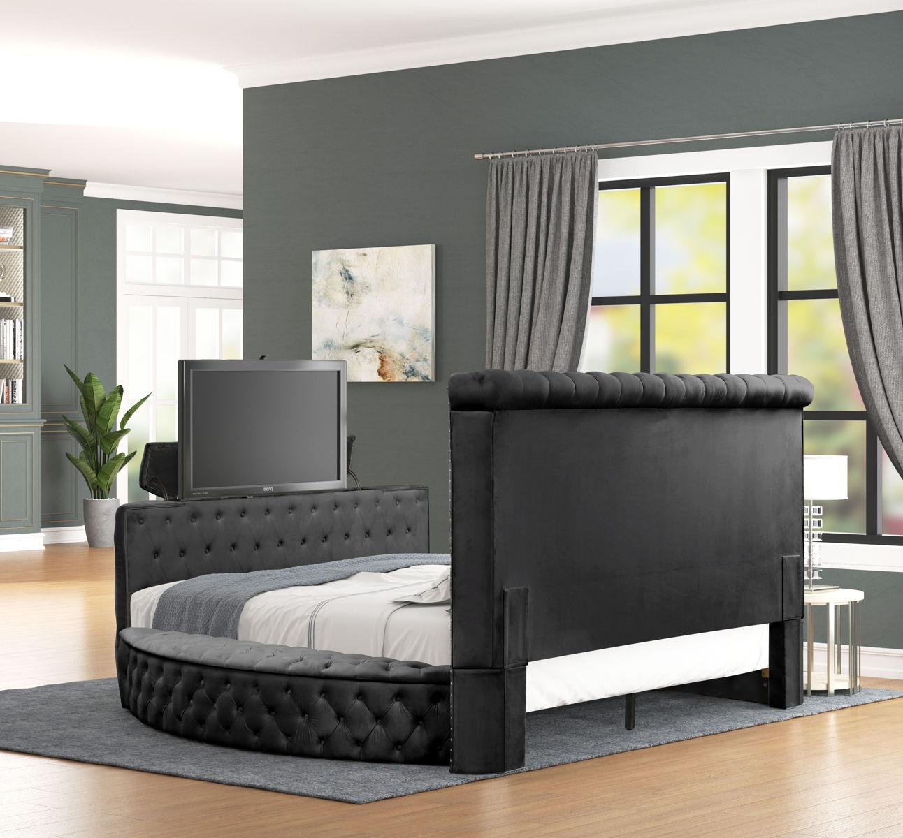 Maya Velvet Upholstered Bed with TV Stand