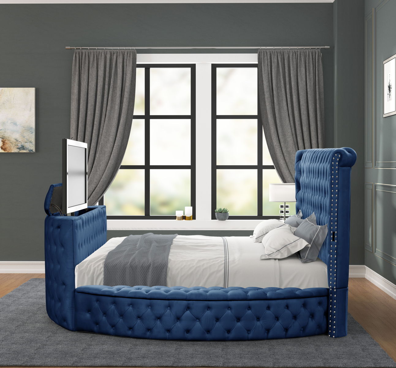 Maya Velvet Upholstered Queen Size Bed with TV Stand