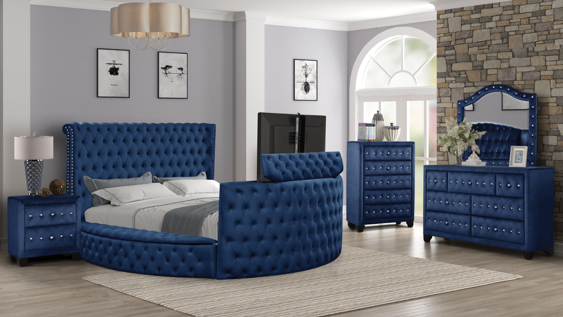 Maya Velvet Upholstered King Size Bed with TV Stand