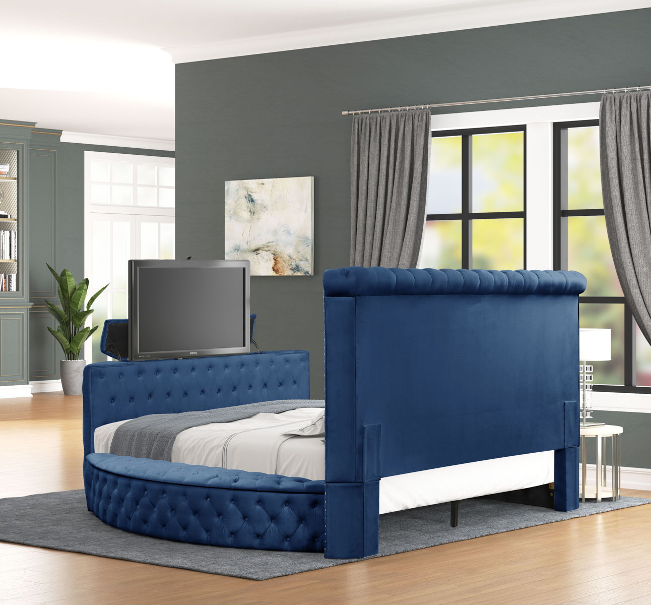 Maya Velvet Upholstered Queen Size Bed with TV Stand
