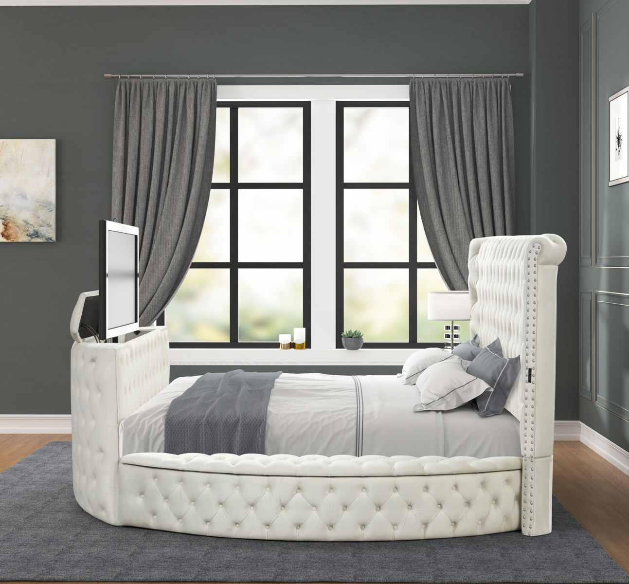 Maya Velvet Upholstered Queen Size Bed with TV Stand
