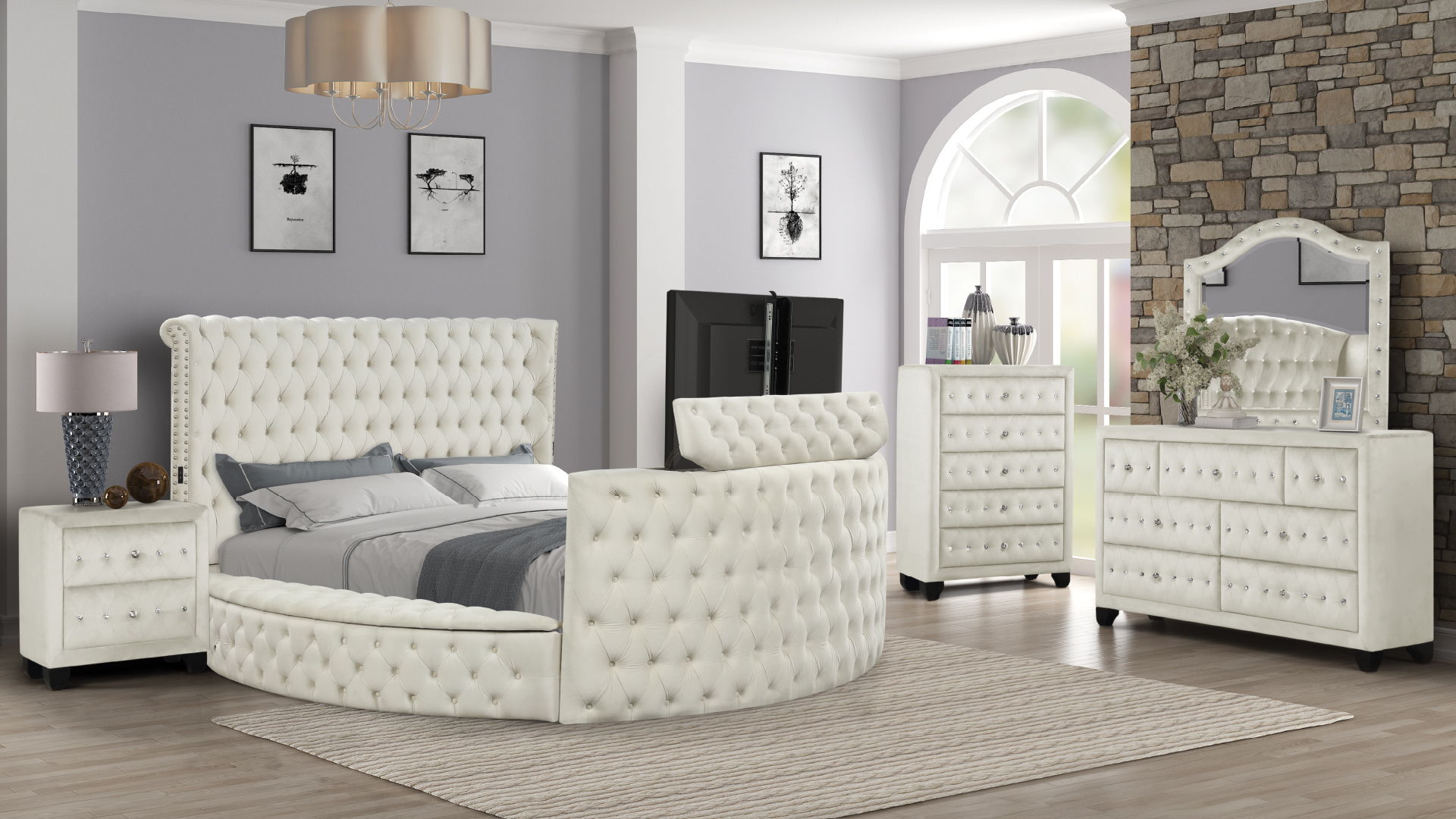 Maya Velvet Upholstered Queen Size Bed with TV Stand