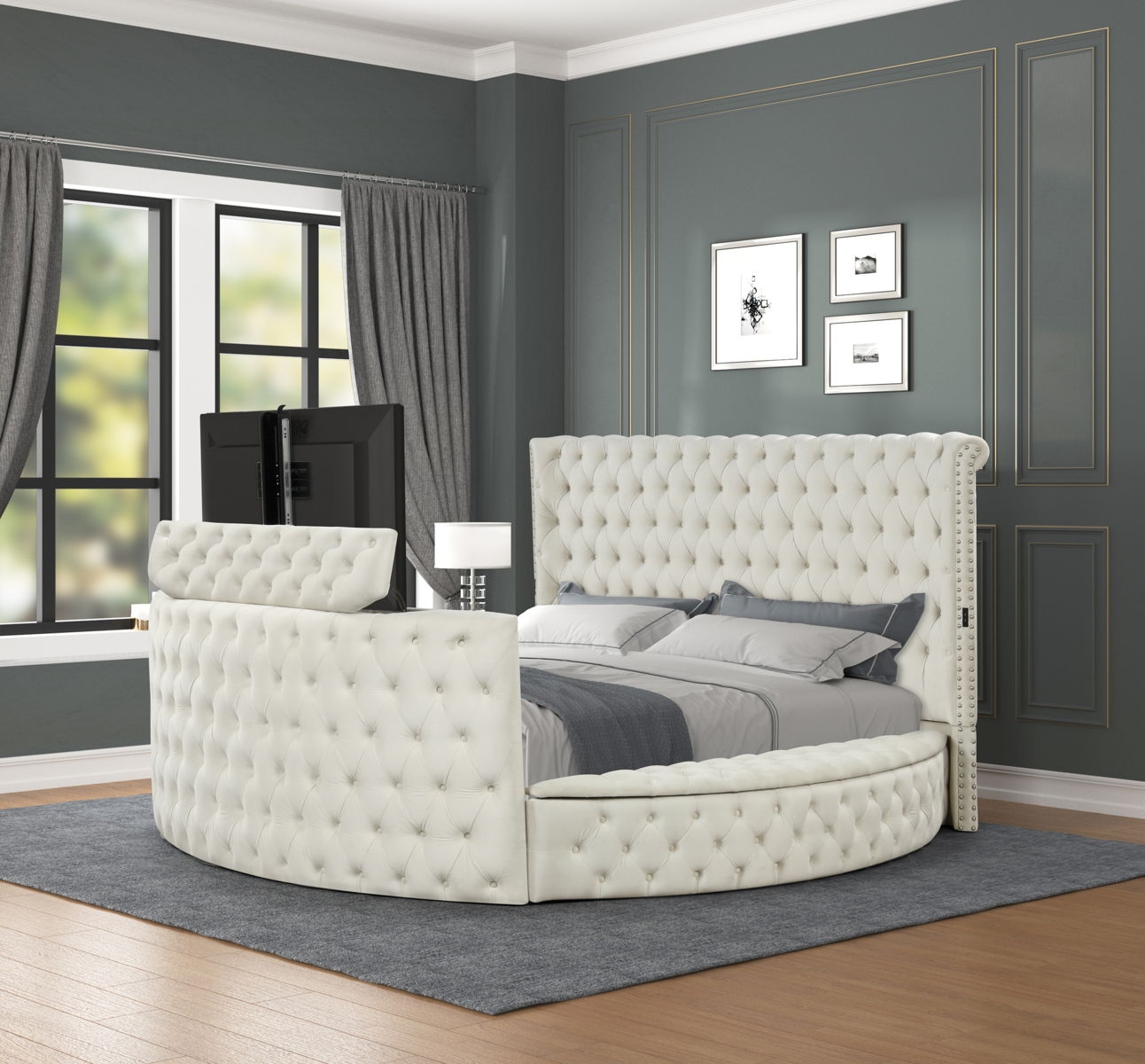 Maya Velvet Upholstered Bed with TV Stand
