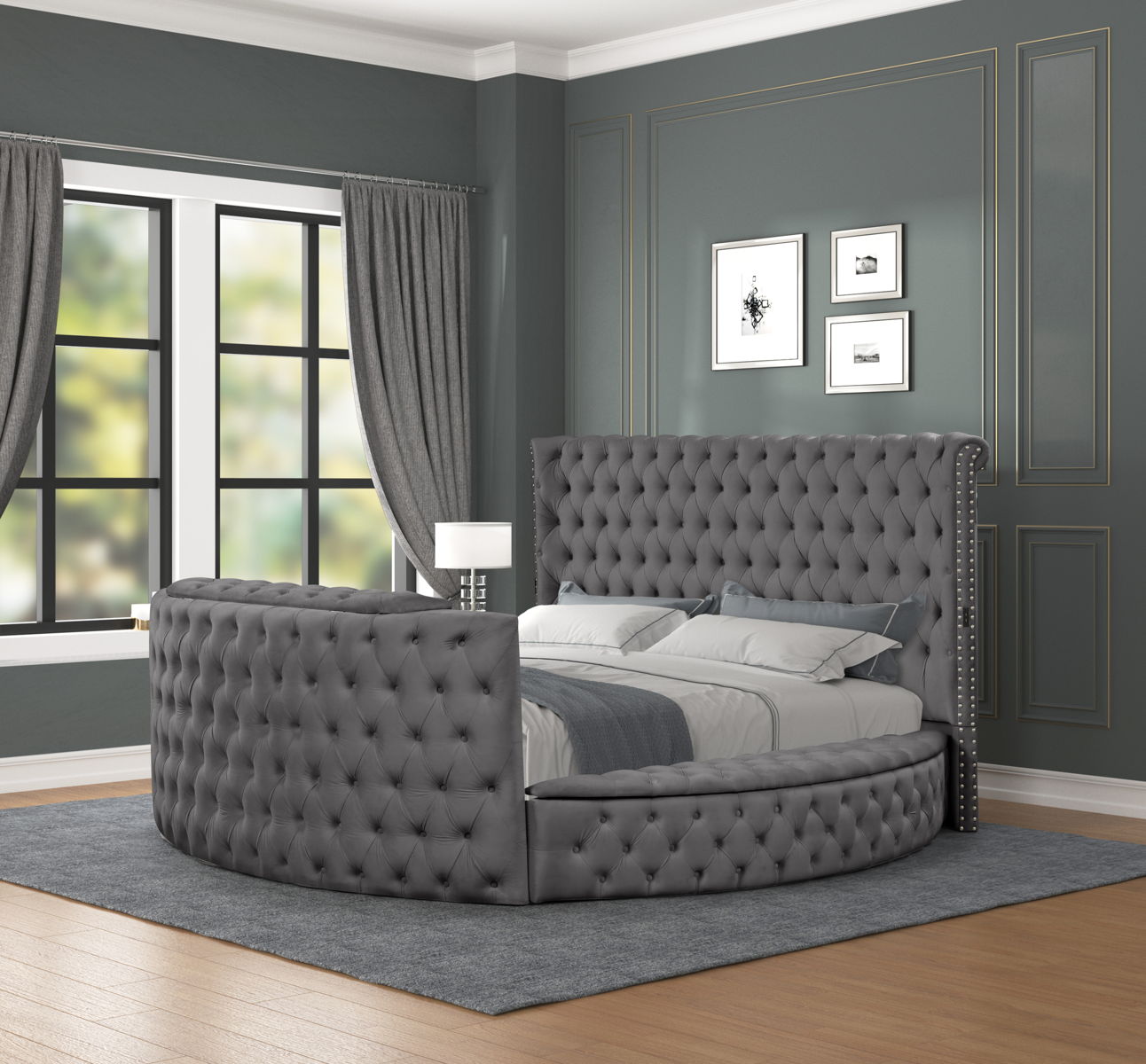 Maya Velvet Upholstered King Size Bed with TV Stand