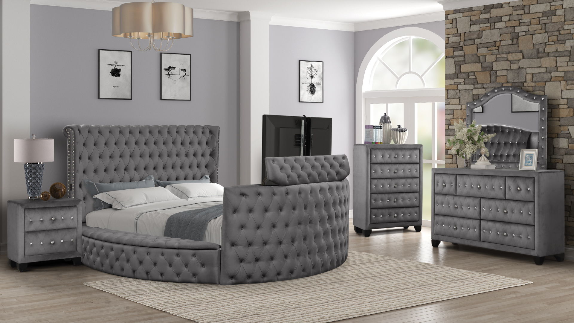 Maya Velvet Upholstered Queen Size Bed with TV Stand