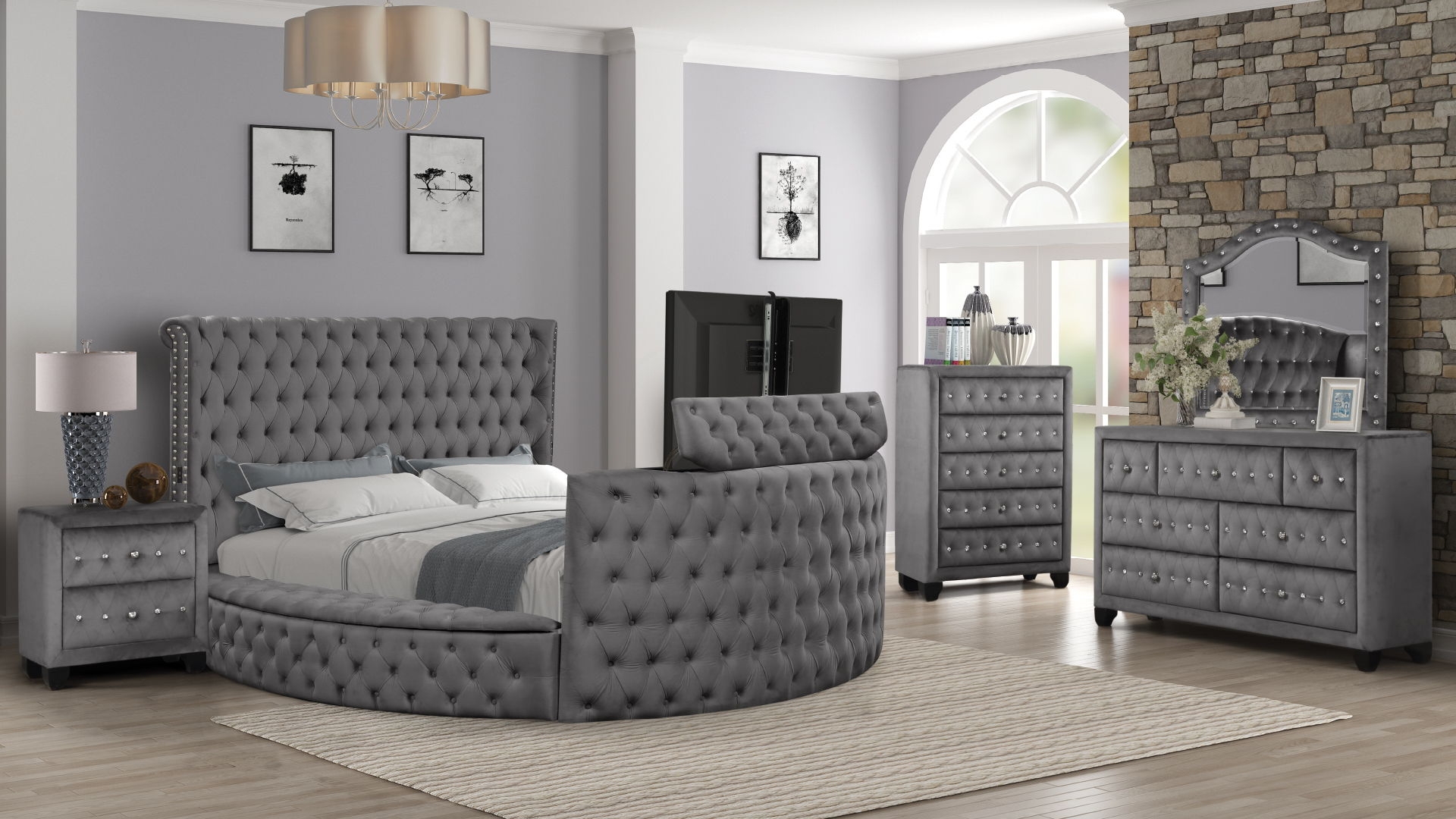 Maya Velvet Upholstered Bed with TV Stand