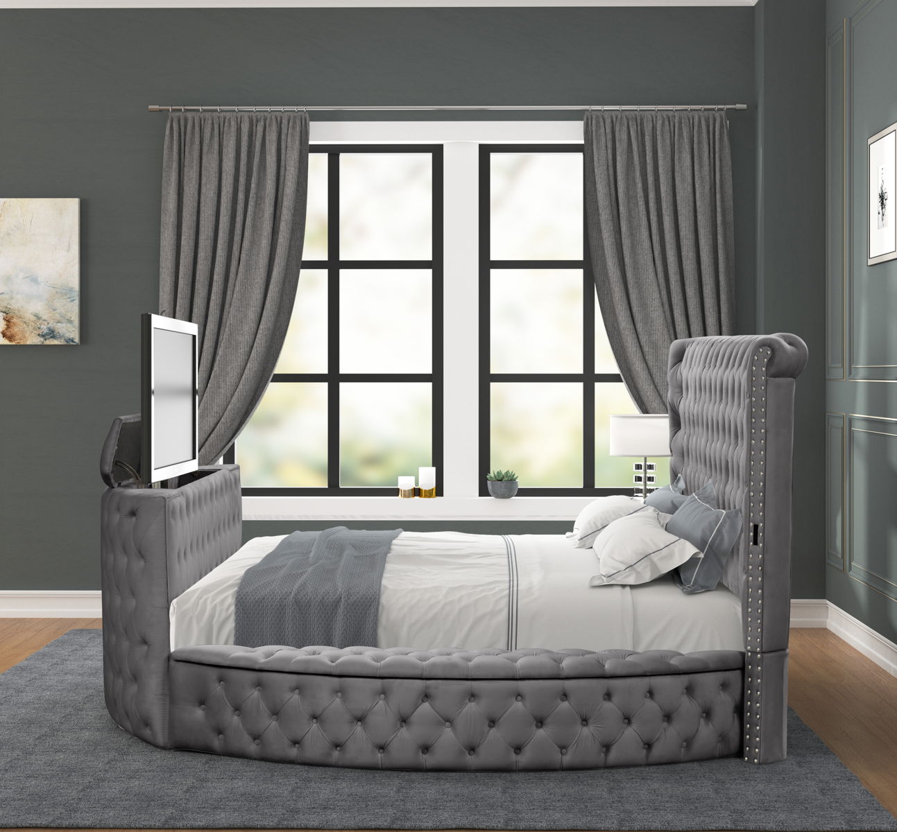 Maya Velvet Upholstered Queen Size Bed with TV Stand