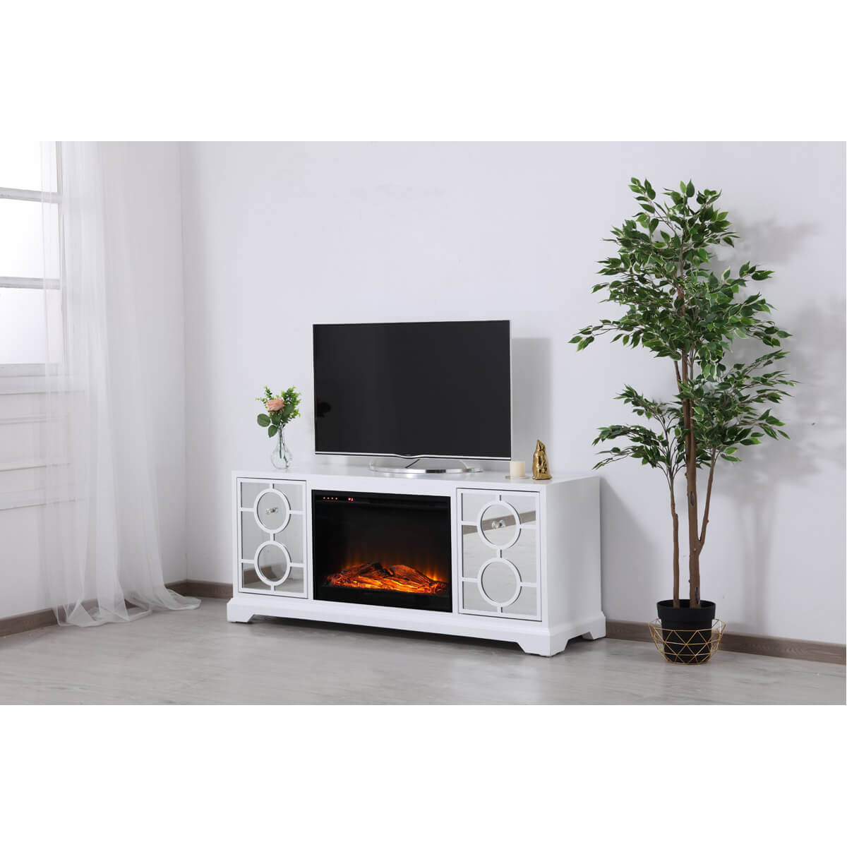 Modern 60" Mirrored TV Stand with Wood Fireplace Insert