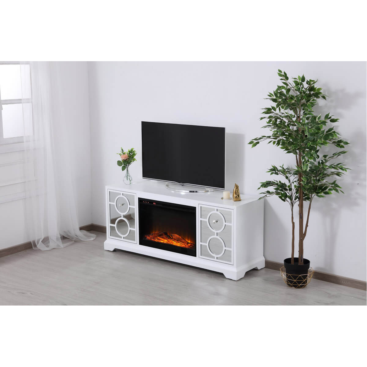 Modern 60" Mirrored TV Stand with Wood Fireplace Insert