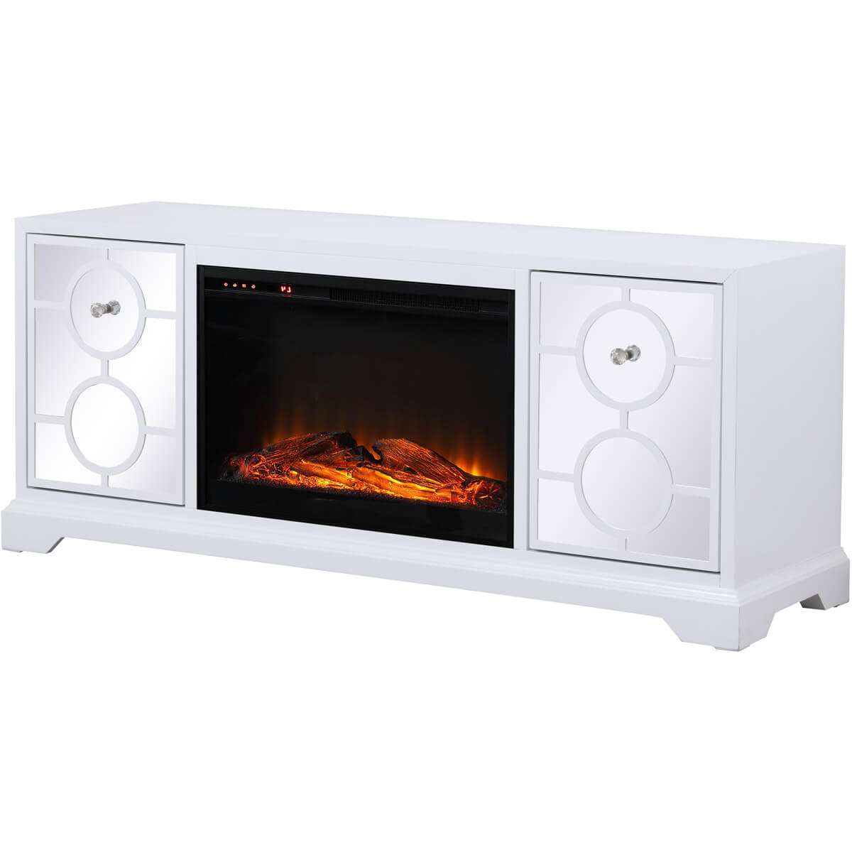 Modern 60" Mirrored TV Stand with Wood Fireplace Insert