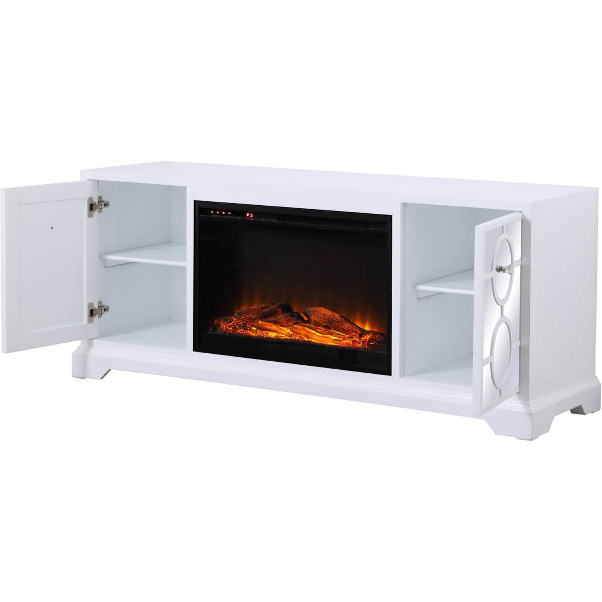 Modern 60" Mirrored TV Stand with Wood Fireplace Insert