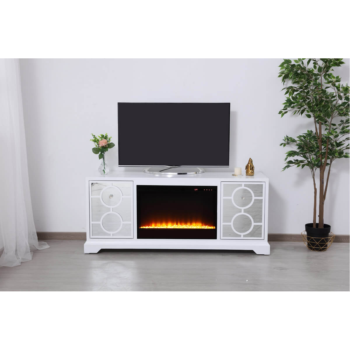 Modern 60" Mirrored TV Stand with Crystal Fireplace Insert