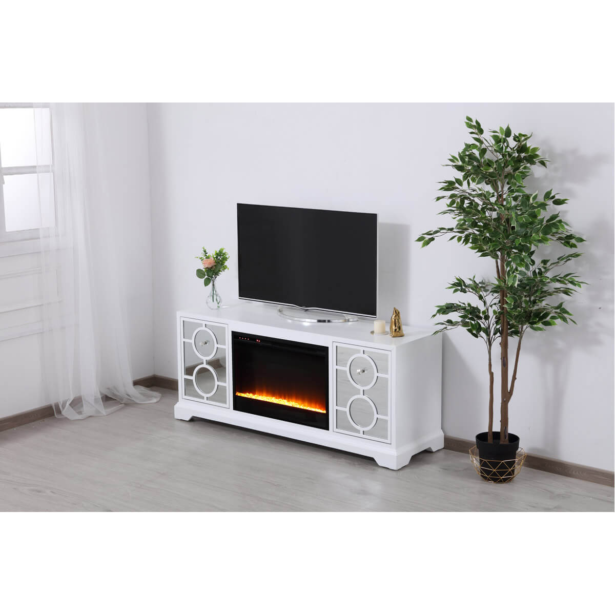 Modern 60" Mirrored TV Stand with Crystal Fireplace Insert