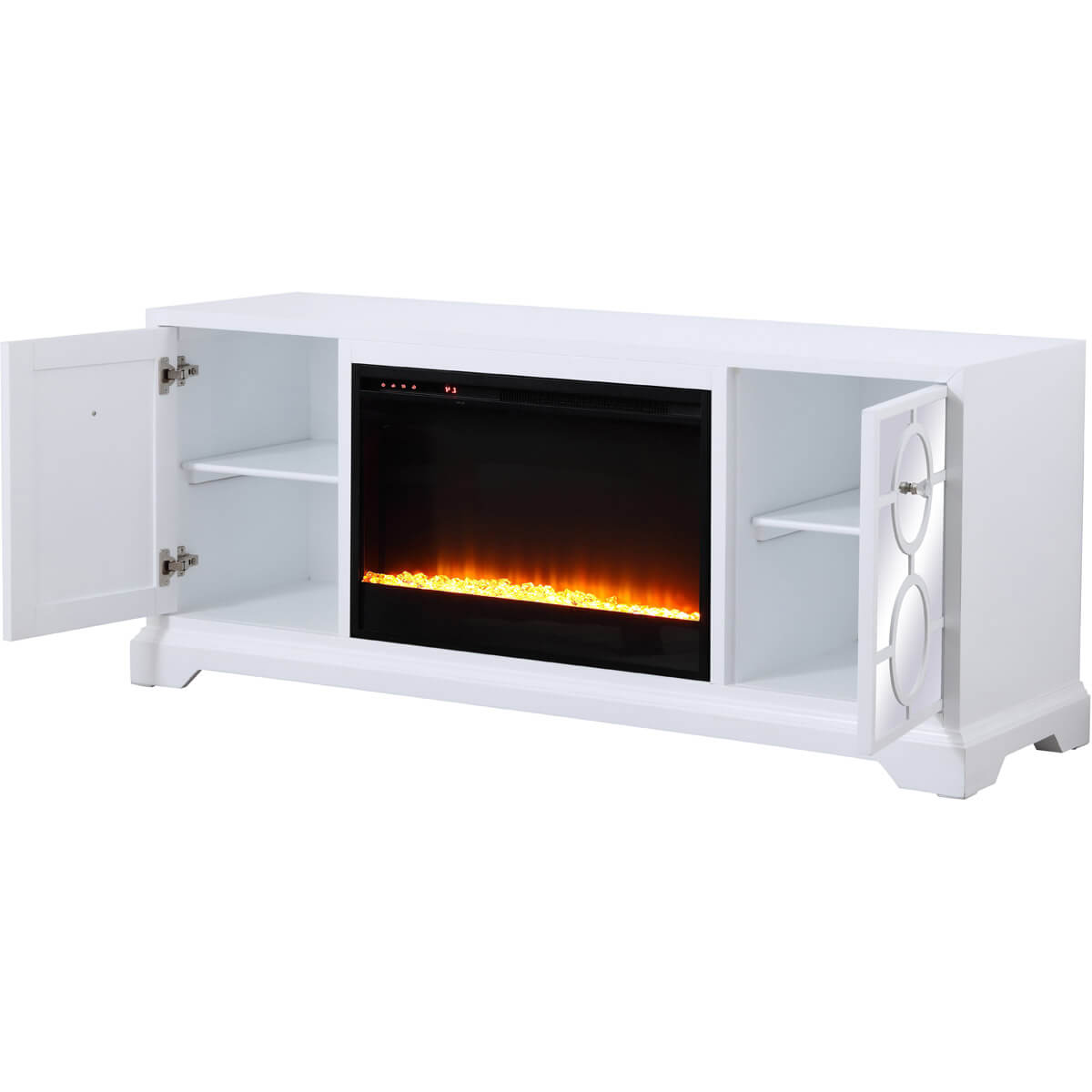 Modern 60" Mirrored TV Stand with Crystal Fireplace Insert