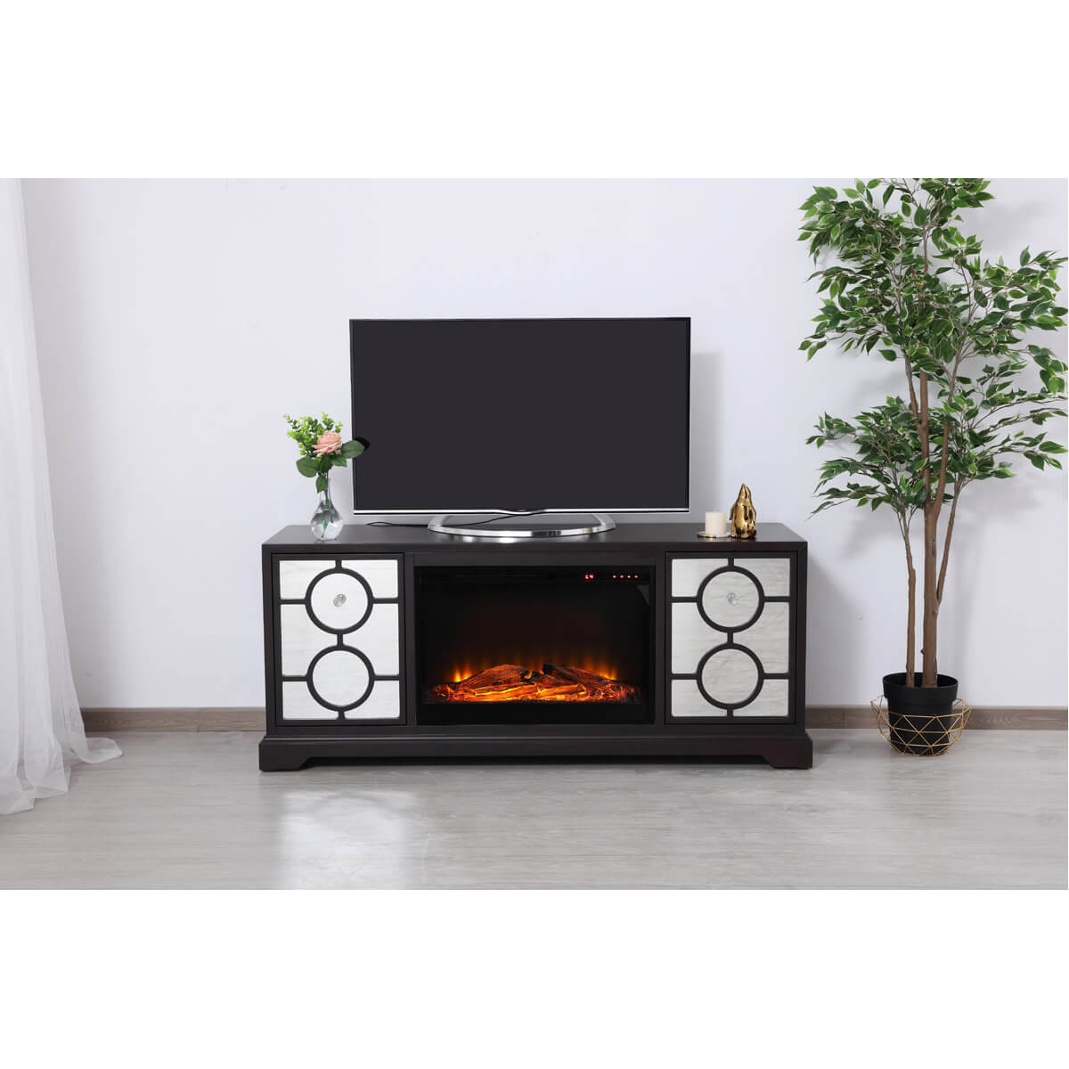 Modern 60" Mirrored TV Stand with Wood Fireplace Insert