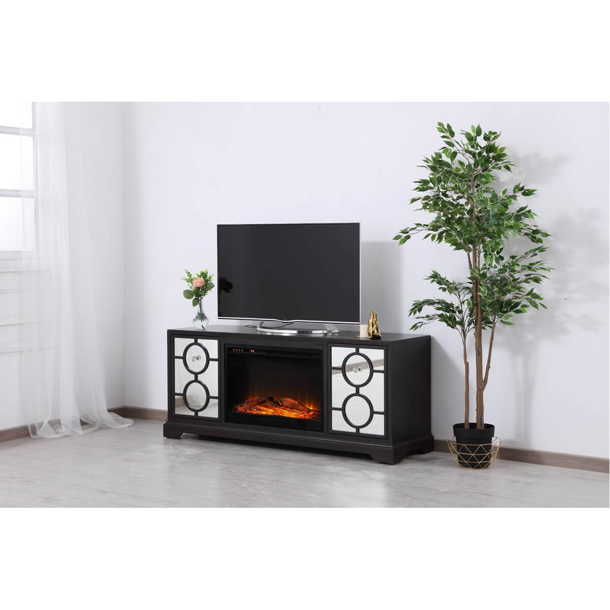 Modern 60" Mirrored TV Stand with Wood Fireplace Insert