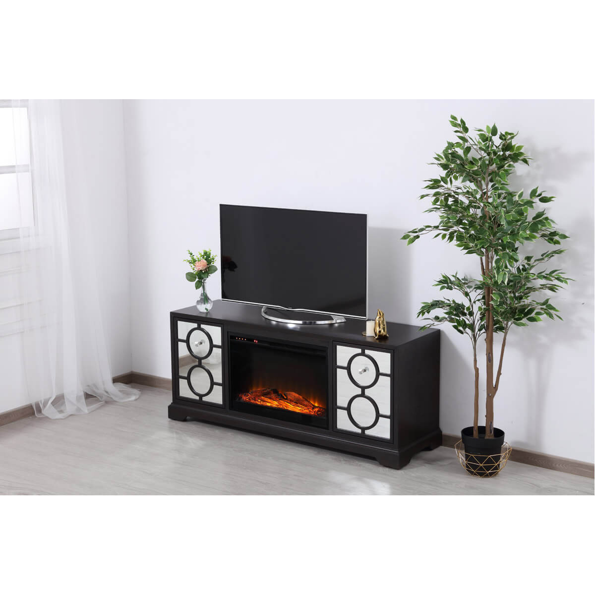 Modern 60" Mirrored TV Stand with Wood Fireplace Insert