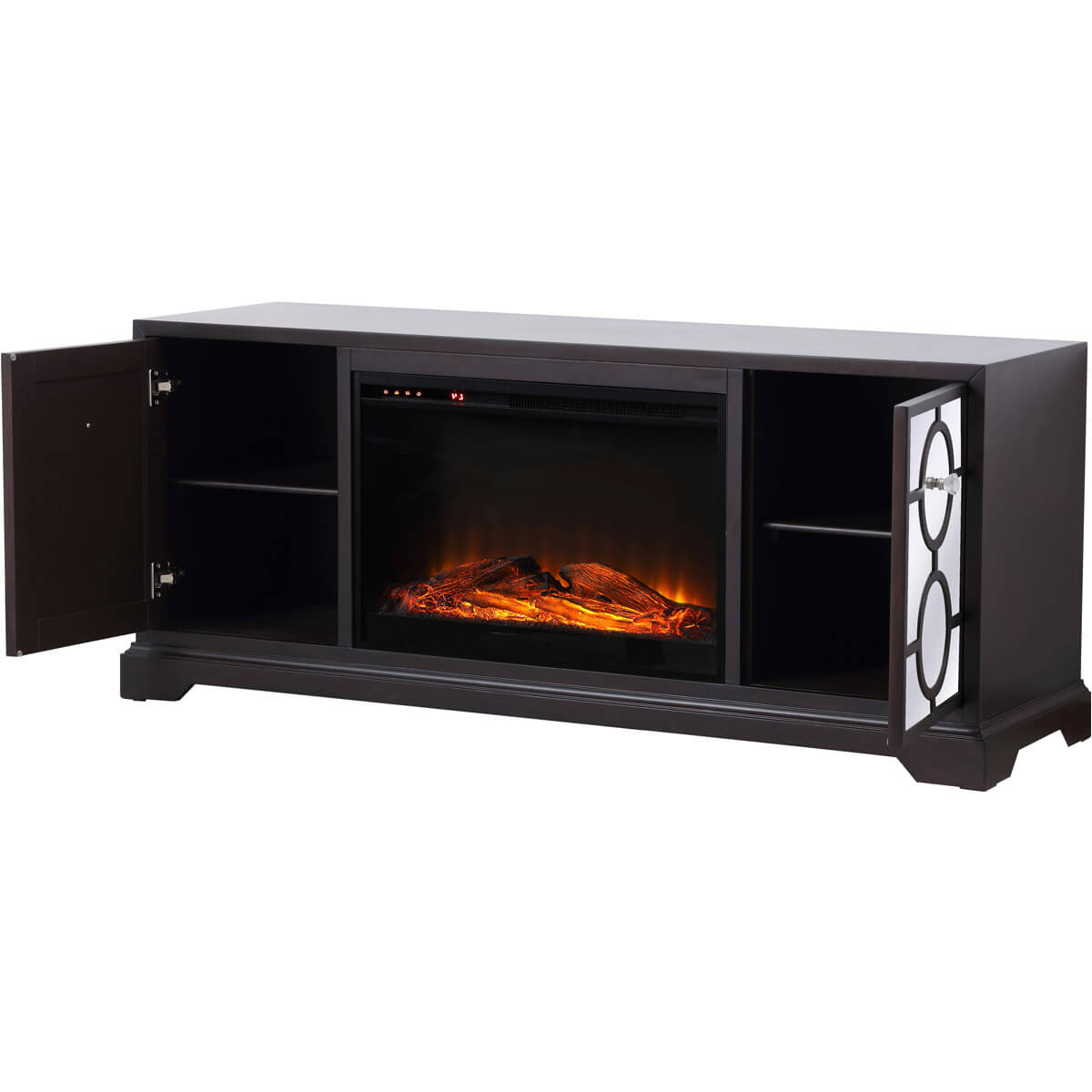 Modern 60" Mirrored TV Stand with Wood Fireplace Insert